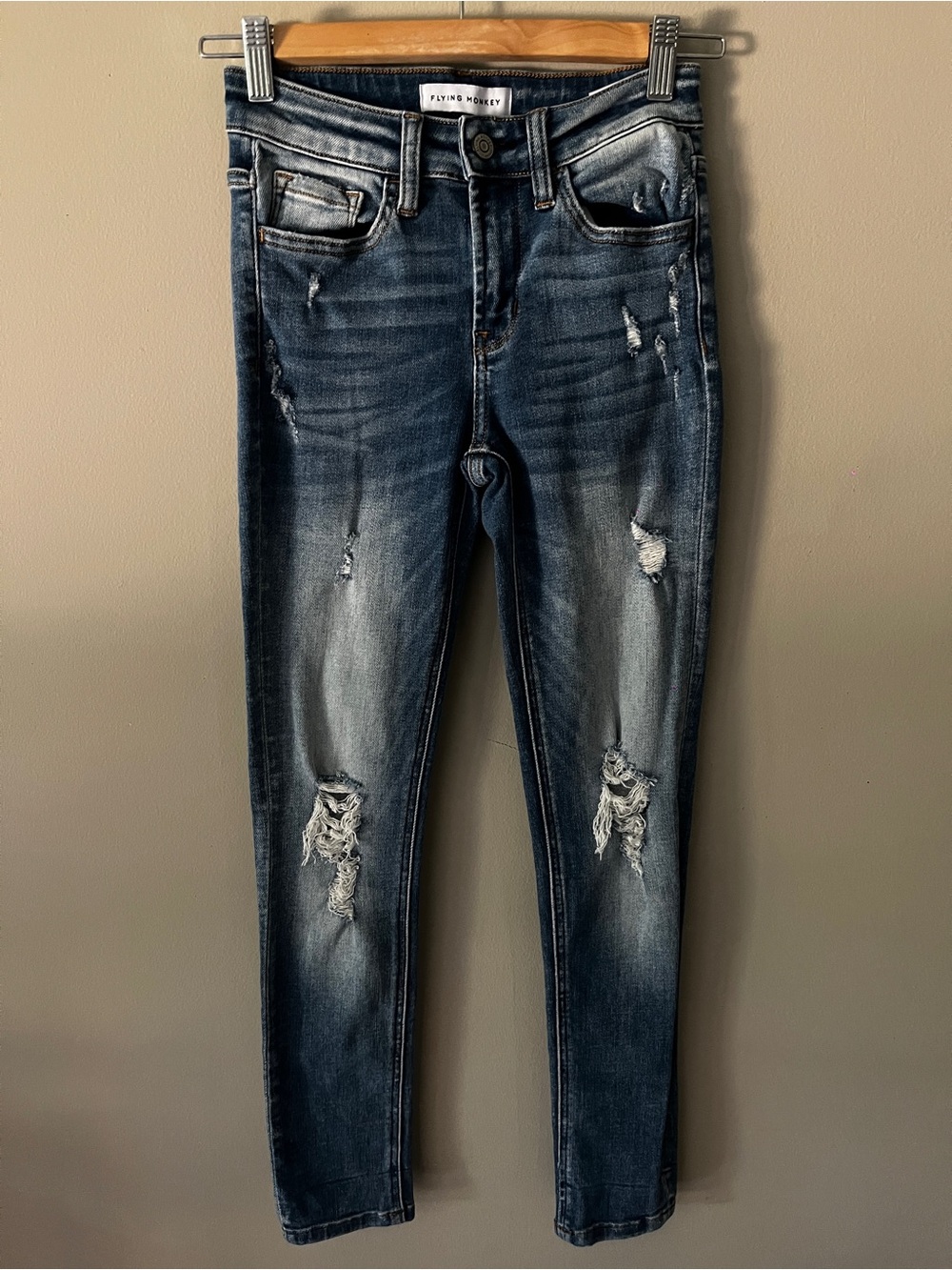 Flying Monkey Women's Ripped Skinny Jeans - Dark Wash Blue